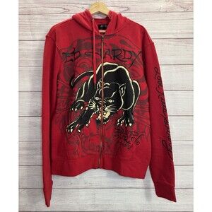 Ed Hardy Men's SZ MEDIUM Red F/Z Hoodie Crouching Panther Graphic Sweatshirt NWT